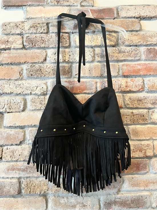 SHEIN Tops - SHEIN Black Fringe Halter Top with Gold Stud Accents size Large